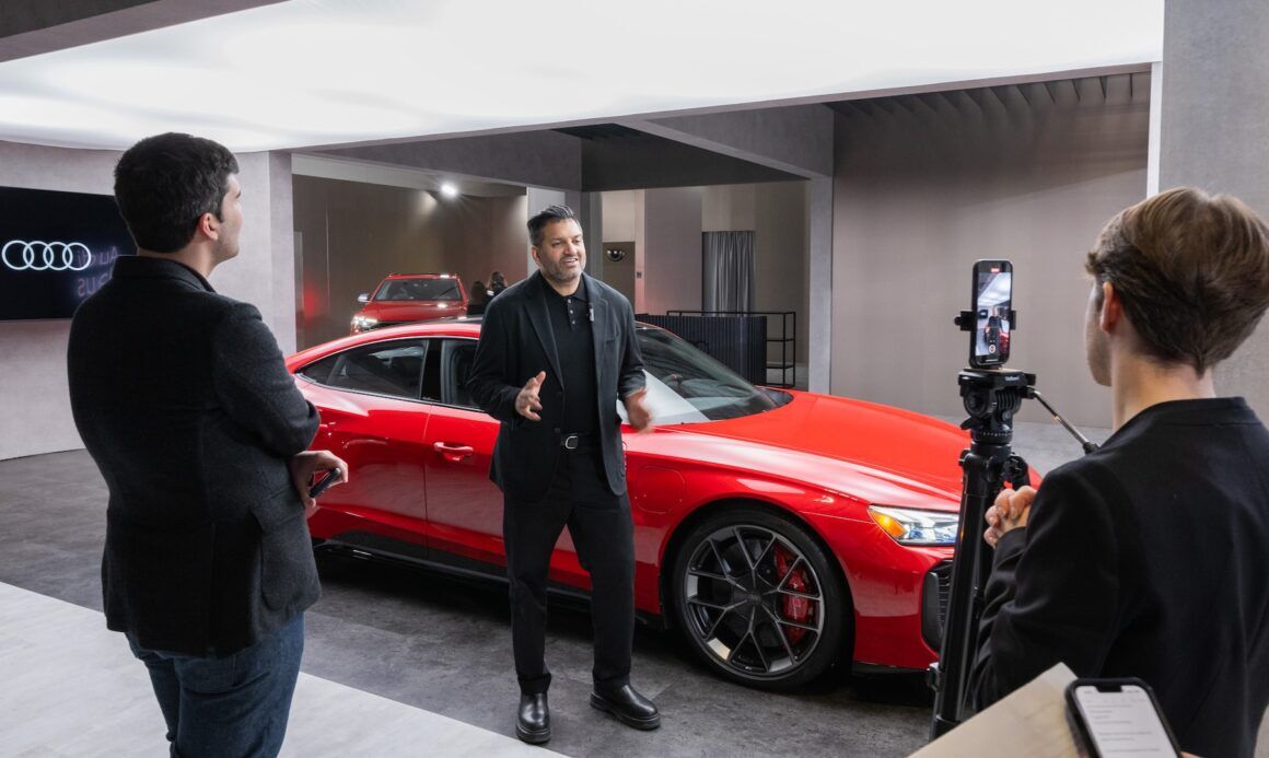 Designer Omar Gandhi speaks to press at the Audi Haus opening night for Canadian International Auto Show 2025. 