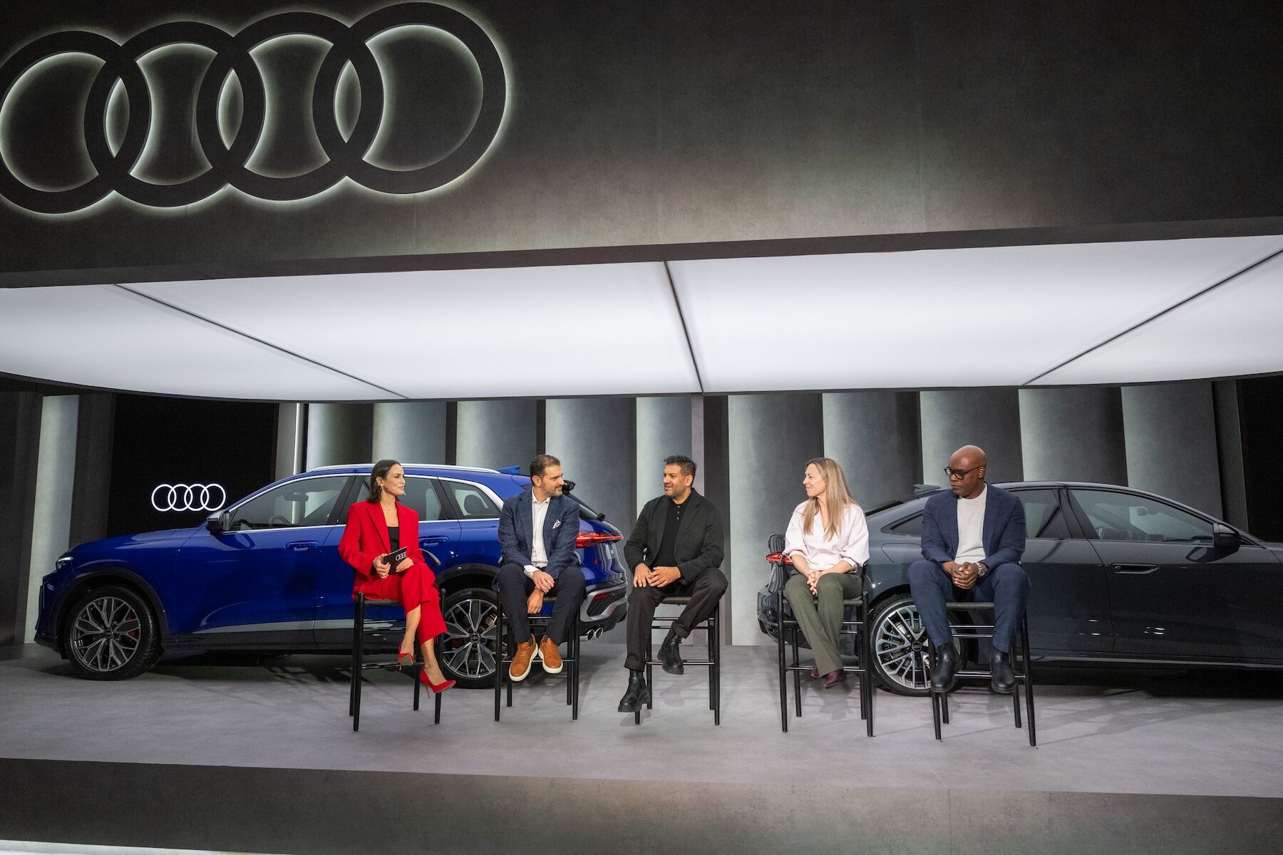 Chloe Wilde hosted the panel (left), joined by Vito Paladino himself, Omar Gandhi, multi-medalist Olympian and PWHL SVP of Hockey Operations Jayna Hefford, and Cameron Bailey, CEO of TIFF (left to right). (Photo: George Pimentel for Audi Canada)